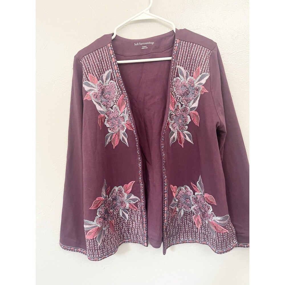 Soft Surroundings Teal Paisley Embroidered Open Front Cardigan Jacket Womens M
